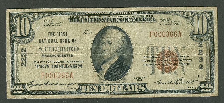 Attleboro, MA, Ch. #2232, 1929T1 $10, F006366A, VG